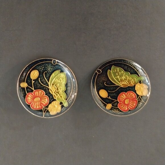 Cloisonne Flower & Butterfly Floral Enamel Clip On Earrings - Picture 1 of 3